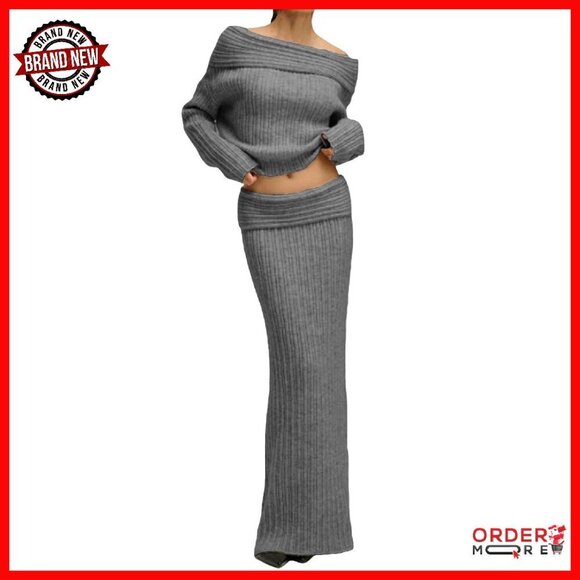 Sweaters - Off Shoulder Sweater & Knit Maxi Skirt Set - Stretchy Fall Outfit
